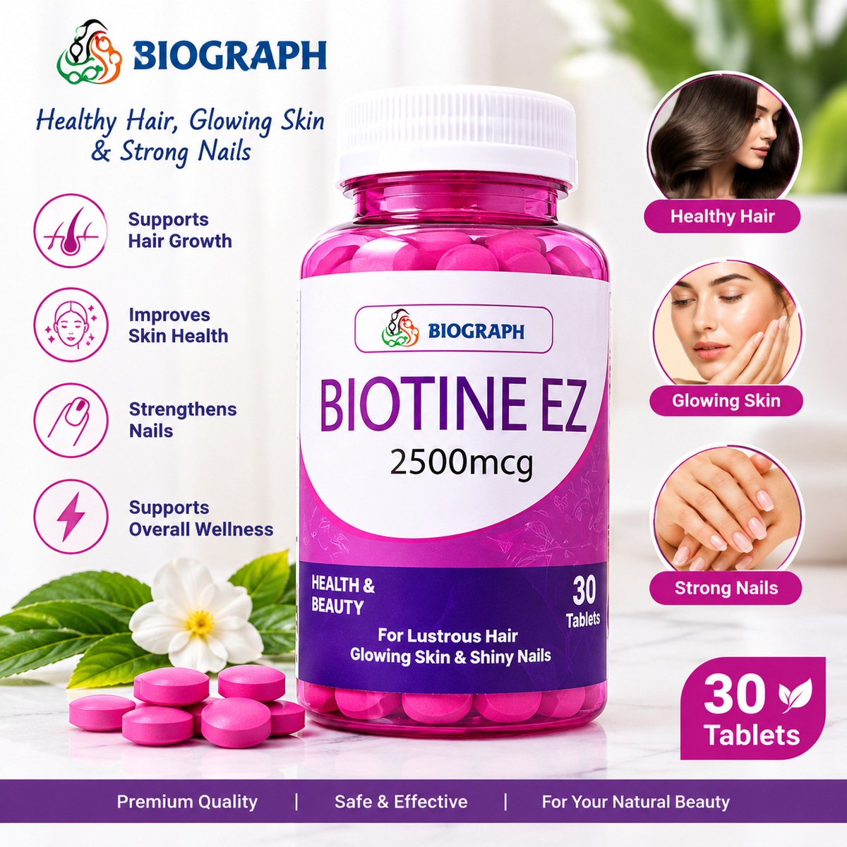 BIOGRAPH BIOTINE EZ 2500 mcg – Biotin Tablets (30 Tablets)